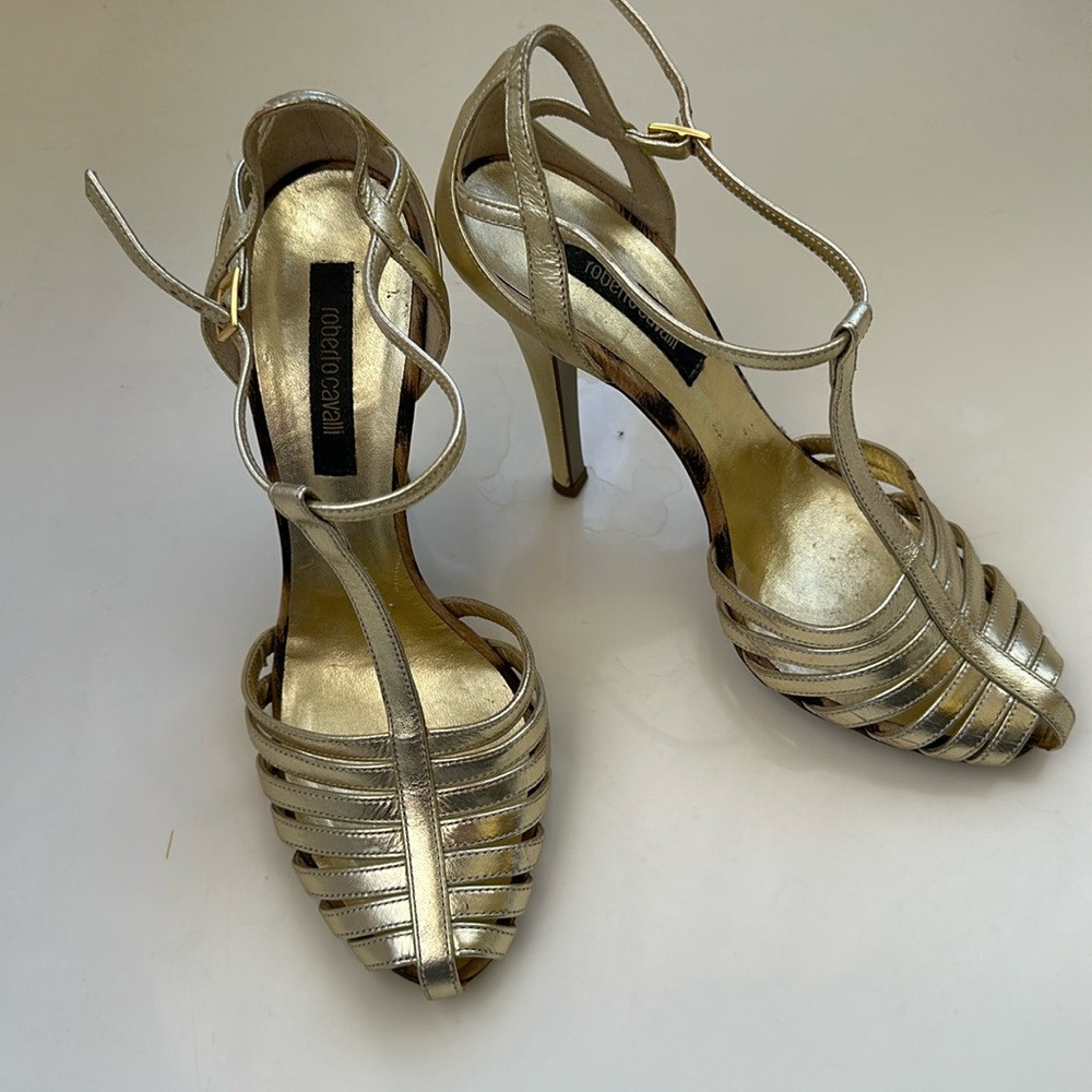 Roberto Cavalli gold cage heels